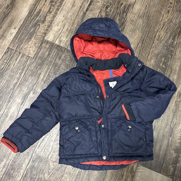 Lands End Down Puffer Parka Boys Navy Blue Red Soft Fleece Sz 5-6 Coat Winter - Picture 1 of 9